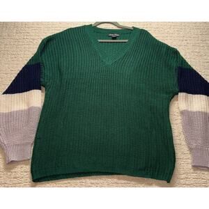 Evelyn Taylor Colorblock Knit Sweater V-Neck‎ 1X Green Multi Stripe Chunky